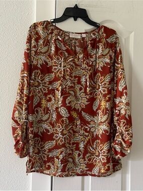 Belle BOHO by Kim Gravel Paisley Boho Peasant Blouse Tie Neck Long Sleeve Size S